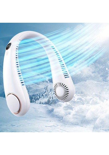 Nesil Boyun Askılı Giyilebilir Mini Fan 5 Kademeli Dijital Göstergeli Boyun Fanı Soğutucu Vantilatör Beyaz
