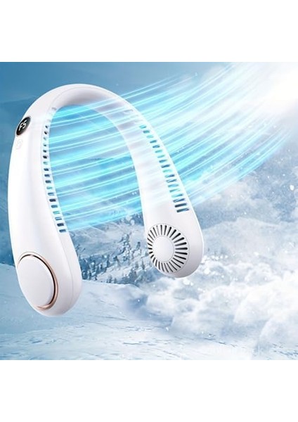 Nesil Boyun Askılı Giyilebilir Mini Fan 5 Kademeli Dijital Göstergeli Boyun Fanı Soğutucu Vantilatör Beyaz