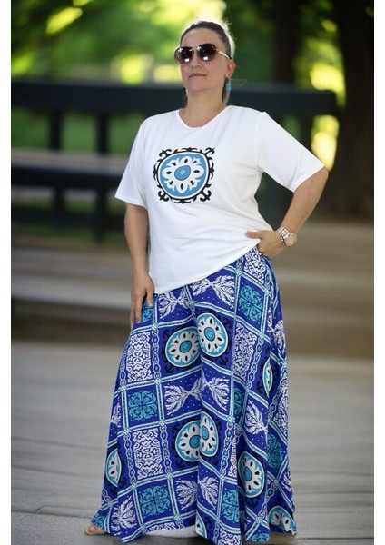 Beli Lastikli Geniş Kesim Pamuklu Viskon Pantolon Etek Penye Bluz Ikili Takım