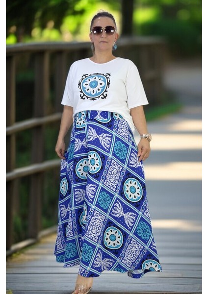 Beli Lastikli Geniş Kesim Pamuklu Viskon Pantolon Etek Penye Bluz Ikili Takım indirimleri