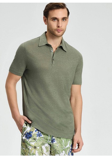 Saf Keten Haki Polo Yaka T-Shirt