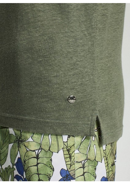 Saf Keten Haki Polo Yaka T-Shirt