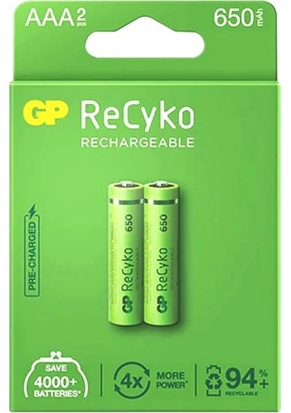 Gp Recyko 650 Mah R03 Aaa Şarjlı 2li Ince Kalem Pil GP65AAAHCE-2EB2 (GPRHCH63E000) (5047)