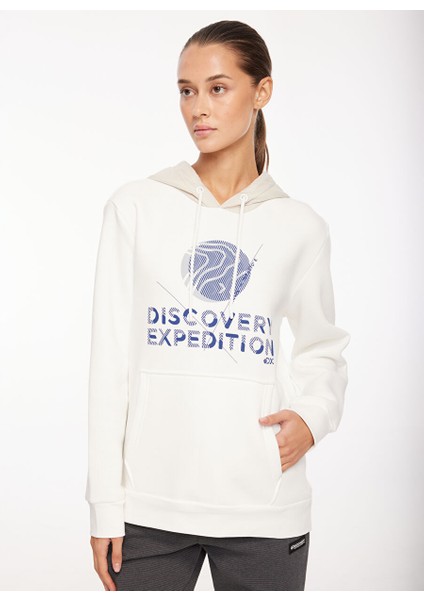 Kırık Beyaz Kadın Kapüşon Yaka Relaxed Fit Baskılı Sweatshirt D3WL-SWT21