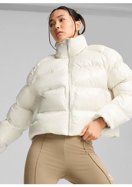 Krem Kadın Dik Regular Fit Düz Mont Shiny Puffer Jacket