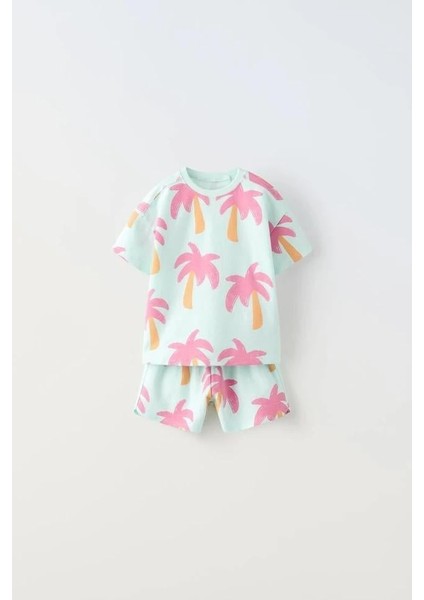Unisex Çocuk Pamuklu Mint Palmiye Desenli T-Shirt ve Şort Takım – Yazlık Iki Parça Set fiyatları