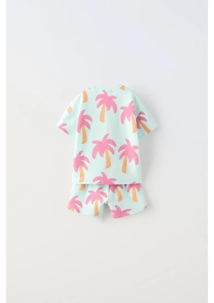 Unisex Çocuk Pamuklu Mint Palmiye Desenli T-Shirt ve Şort Takım – Yazlık Iki Parça Set modelleri
