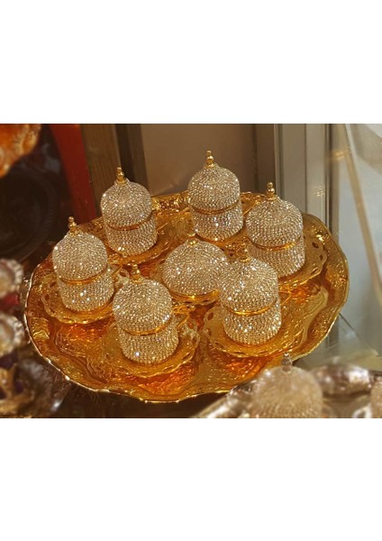 Kristal Taşlı Gold Kahve Fincanı Lokumluk Seti