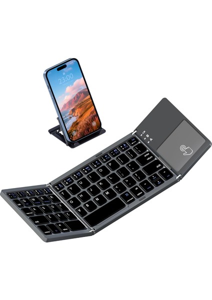 Katlanabilir Bluetooth Klavye, Rock & Rown Cep Boyutunda Taşınabilir Kablosuz Klavye Touchpad ile Mac Os, Android, Windows, Linux, Pc, Tablet Için, Şarj Edilebilir Li-Ion Pilli, Koyu Gri