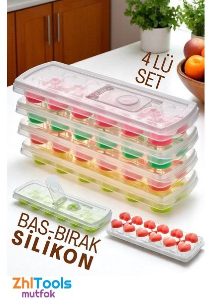 Zhltools Buz Kalıbı - Bas-Bırak Kapaklı Silikon Buz Kalıbı 4 Lü Set