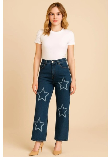 Kadın Jeans Likralı Esnek Yıldız Desenli Kot Pantolon