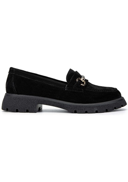 Kadın Hakiki Deri Siyah Süet Loafer Ayakkabı