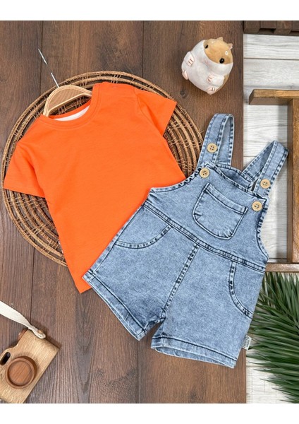 Pamuklu Kısa Kollu Turuncu Tişört Denim Askılı 2li Erkek Çocuk Takım
