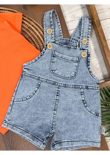 Pamuklu Kısa Kollu Turuncu Tişört Denim Askılı 2li Erkek Çocuk Takım fiyatları