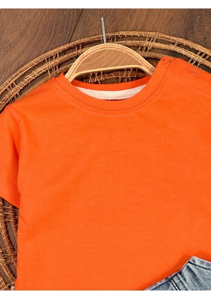 Pamuklu Kısa Kollu Turuncu Tişört Denim Askılı 2li Erkek Çocuk Takım modelleri
