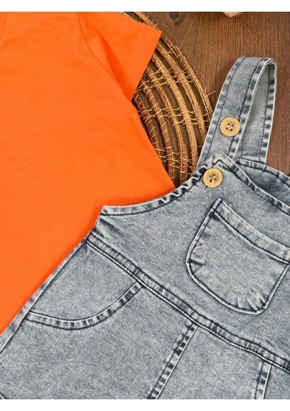 Pamuklu Kısa Kollu Turuncu Tişört Denim Askılı 2li Erkek Çocuk Takım fırsatları
