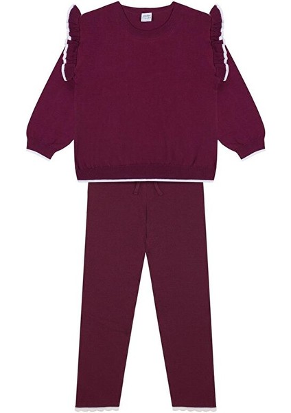 Beyaz Fırfırlı Bordo Triko Sweatshirt Tayt Takım