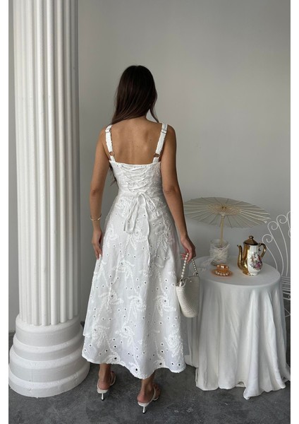 Beyaz Korse Detaylı Brode Askılı Uzun Yazlık Elbise fiyatları