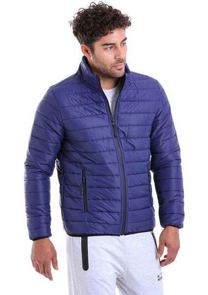 Lacivert Slim Fit Düz Hakim Yaka Şişme Mont modelleri