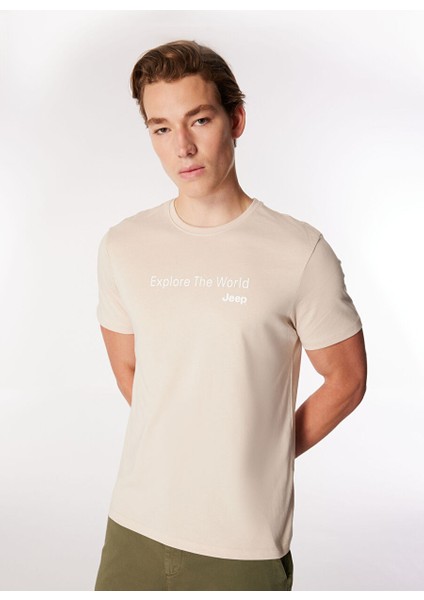 Bej Erkek Bisiklet Yaka Relaxed Fit Baskılı Pamuk T-Shirt J4WM-TST7216