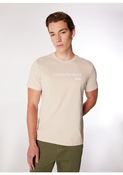 Bej Erkek Bisiklet Yaka Relaxed Fit Baskılı Pamuk T-Shirt J4WM-TST7216 modelleri