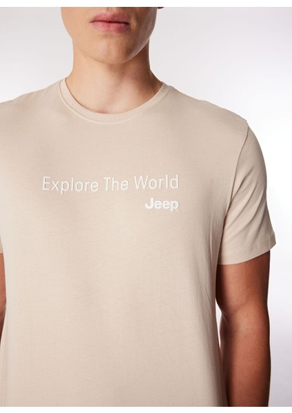 Bej Erkek Bisiklet Yaka Relaxed Fit Baskılı Pamuk T-Shirt J4WM-TST7216 fırsatları