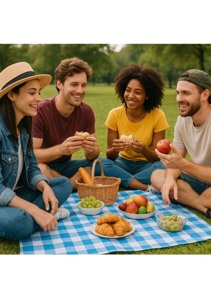 3 Adet Kullanat Büyük Boy Mavi Kare Desenli Aktivite Piknik Masa Örtüsü 100X150 cm