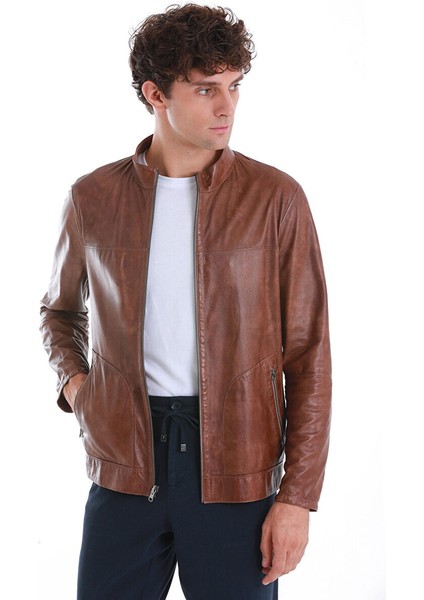 Bej Slim Fit 100% Deri Hakim Yaka Çift Taraflı Deri-Süet Mont