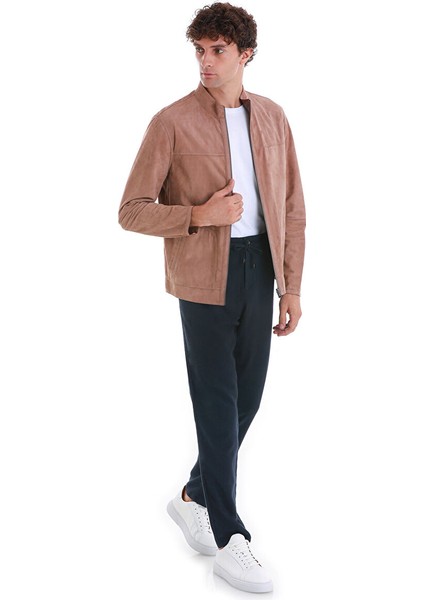 Bej Slim Fit 100% Deri Hakim Yaka Çift Taraflı Deri-Süet Mont