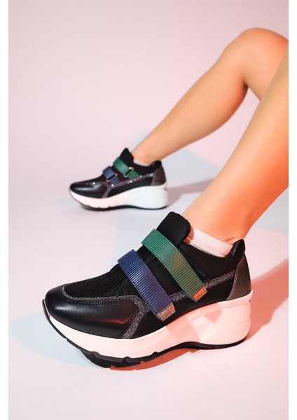 Berge Siyah Multi Kadın Cırtlı Dolgu Taban Spor Sneakers fiyatları