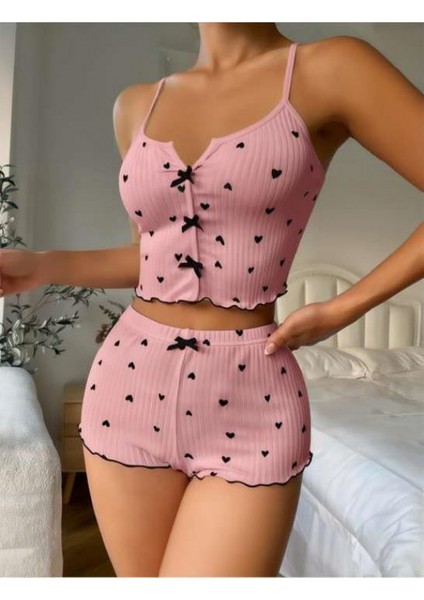 Pembe Üstüne Siyah Kalp Desenli Askılı Şortlu Pijama Takımı fiyatları