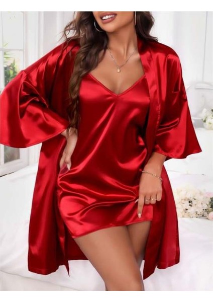 Ince Askılı Kırmızı Saten 2'li Gecelik Sabahlık Takımı fiyatları