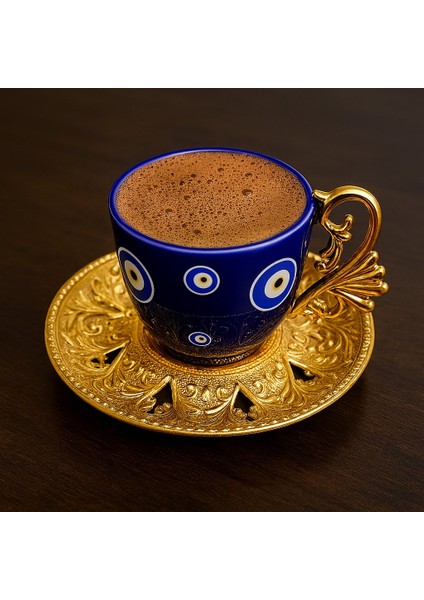 Nazar Boncuk Desenli Mavi Renk Gold Kulplu ve Tabaklı Kahve Takımı fiyatları