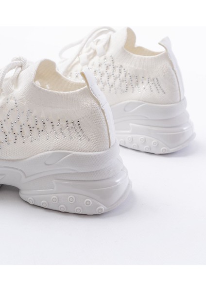 SP-2024 Beyaz Günlük Bağcıklı Fileli Taş Aksesuarlı Kadın Spor Ayakkabı indirimleri