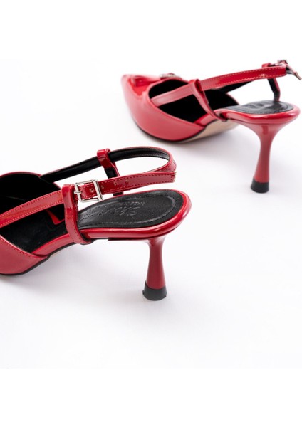 İNF-2300 Kırmızı Rugan Günlük Arkası Açık Fiyonklu Topuklu Bayan Ayakkabı fırsatları