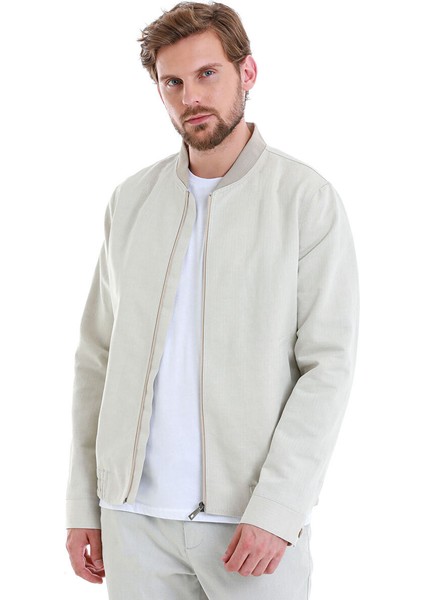 Bej Slim Fit Çizgili Dik Yaka Basic Mevsimlik Mont