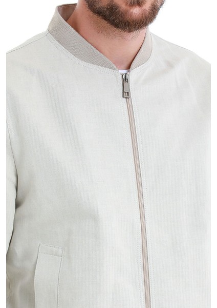 Bej Slim Fit Çizgili Dik Yaka Basic Mevsimlik Mont