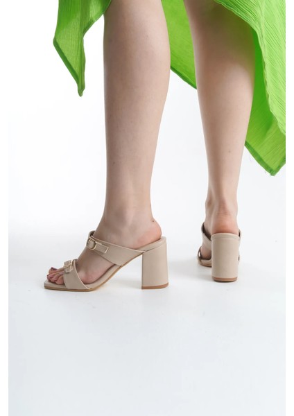 Yes Kalın Topuklu Çift Tokalı Kadın Terlik Vizon fırsatları