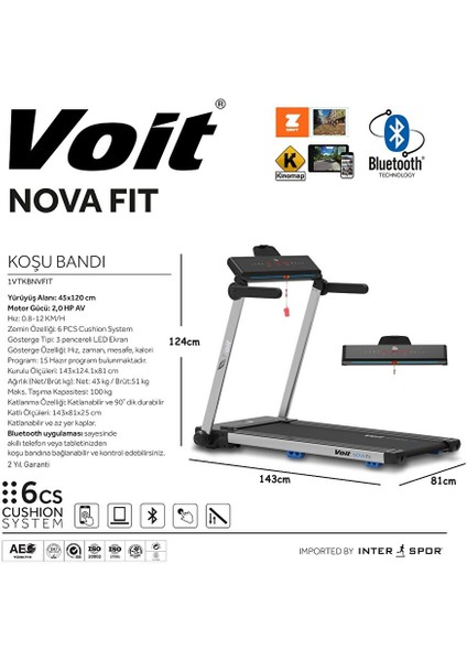 Novafit Koşu Bandı Bluetooth Uygulamalı Hoparlörlü LED Ekran Katlanabilir 46CM Geniş Bant Gri