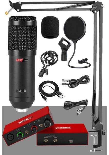 Midex Glx Paket-3 BM800 Mikrofon + Stüdyo Ses Kartı + Stand + Filtre