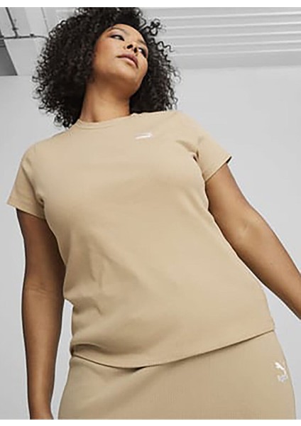 62426483 Classıcs Ribbed Slim Tee Bej Kadın Yuvarlak Yaka Normal Kalıp T-Shirt