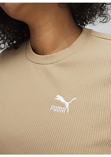 62426483 Classıcs Ribbed Slim Tee Bej Kadın Yuvarlak Yaka Normal Kalıp T-Shirt fiyatları
