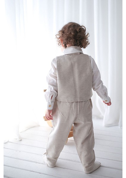 Erkek Çocuk Krem Keten Yelekli Askılı Takım 4'lü Set ( %100 Pamuk ) modelleri