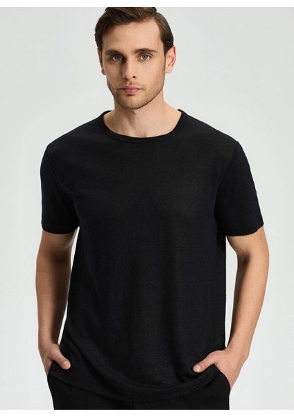 Saf Keten Siyah Bisiklet Yaka T-Shirt