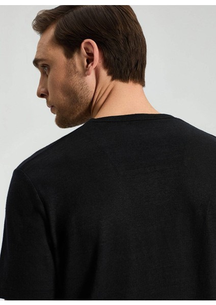 Saf Keten Siyah Bisiklet Yaka T-Shirt modelleri