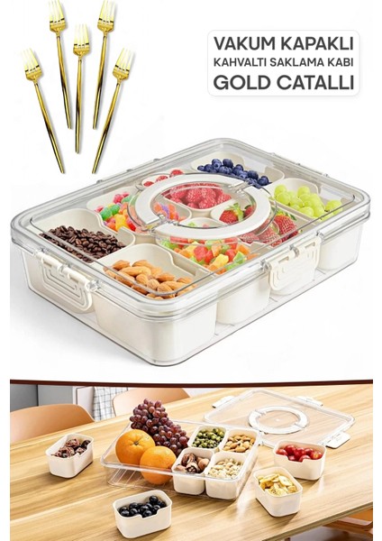 Kahvaltılık Saklama Kabı Organizer Kilit Kapaklı 8 Bölmeli Taşınabilir Piknik Gold Çatallı Seti