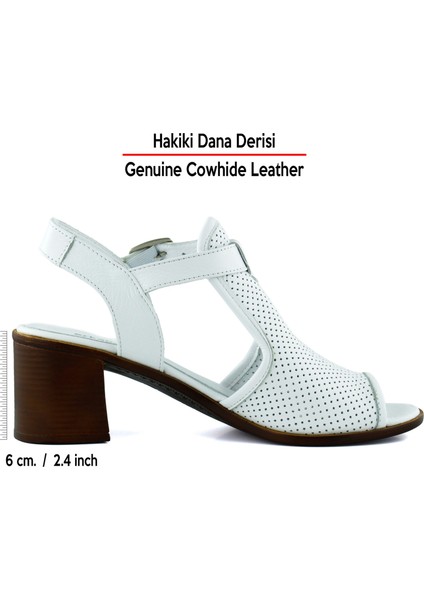 Elena Beyaz Hakiki Dana Derisi Önü Arkası Açık Delik Detaylı Kalın Topuklu Rahat Günlük Sandalet fiyatları