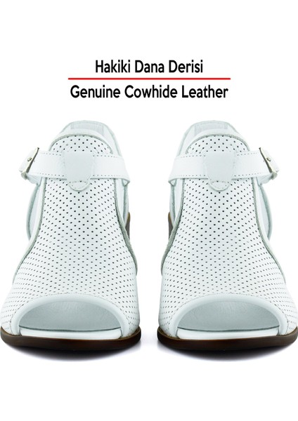 Elena Beyaz Hakiki Dana Derisi Önü Arkası Açık Delik Detaylı Kalın Topuklu Rahat Günlük Sandalet