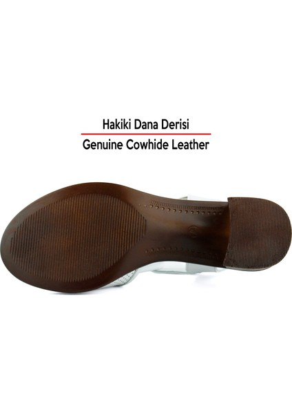 Elena Beyaz Hakiki Dana Derisi Önü Arkası Açık Delik Detaylı Kalın Topuklu Rahat Günlük Sandalet