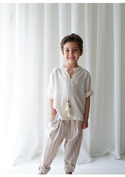 Linen Line Kahve Beyaz Çizgili Carrot Pantolon + Krem Keten Ipli Gömlek